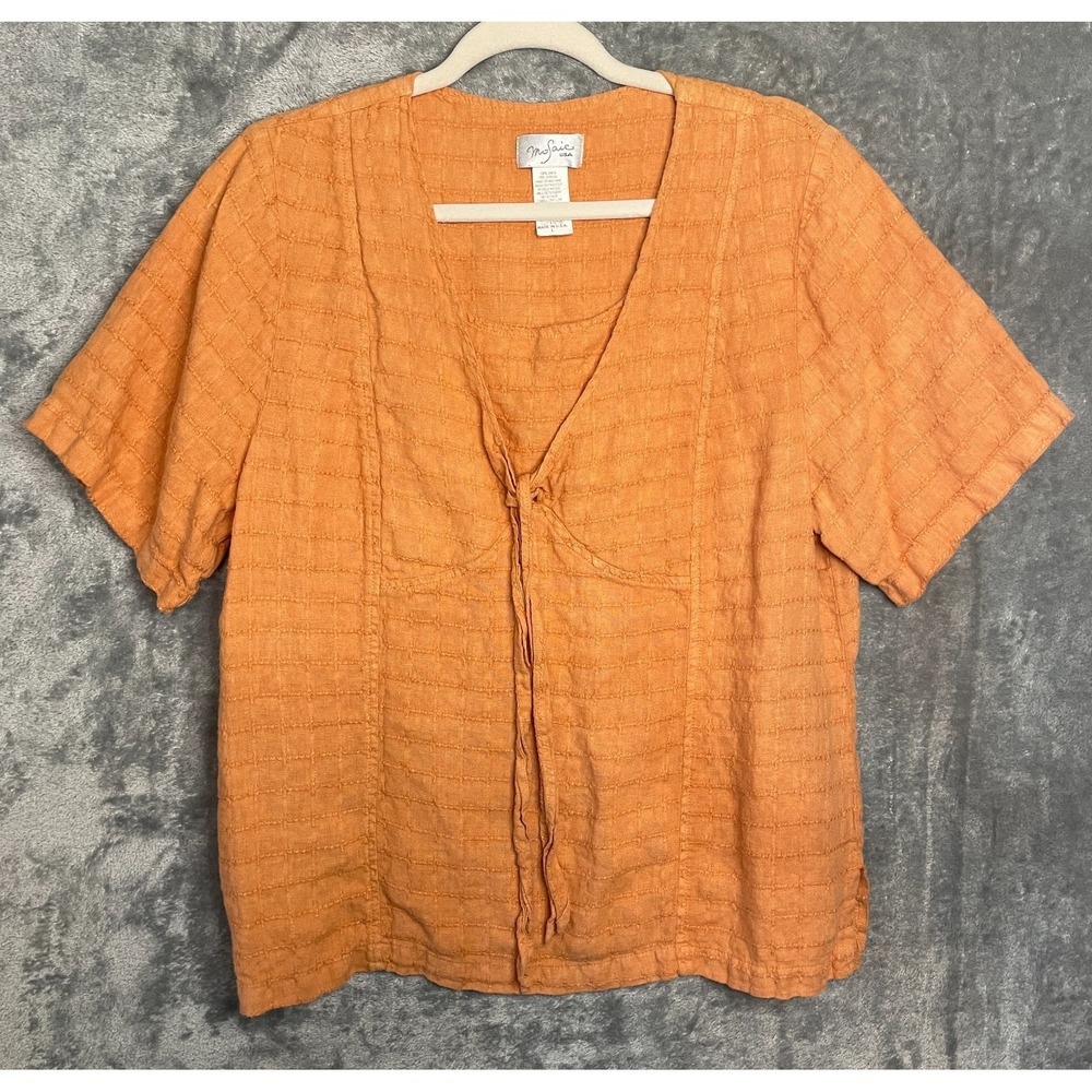Mosaic Linen Pullover Top Womens Large Soft Orange Tie Front Lagenlook Made‎ USA
